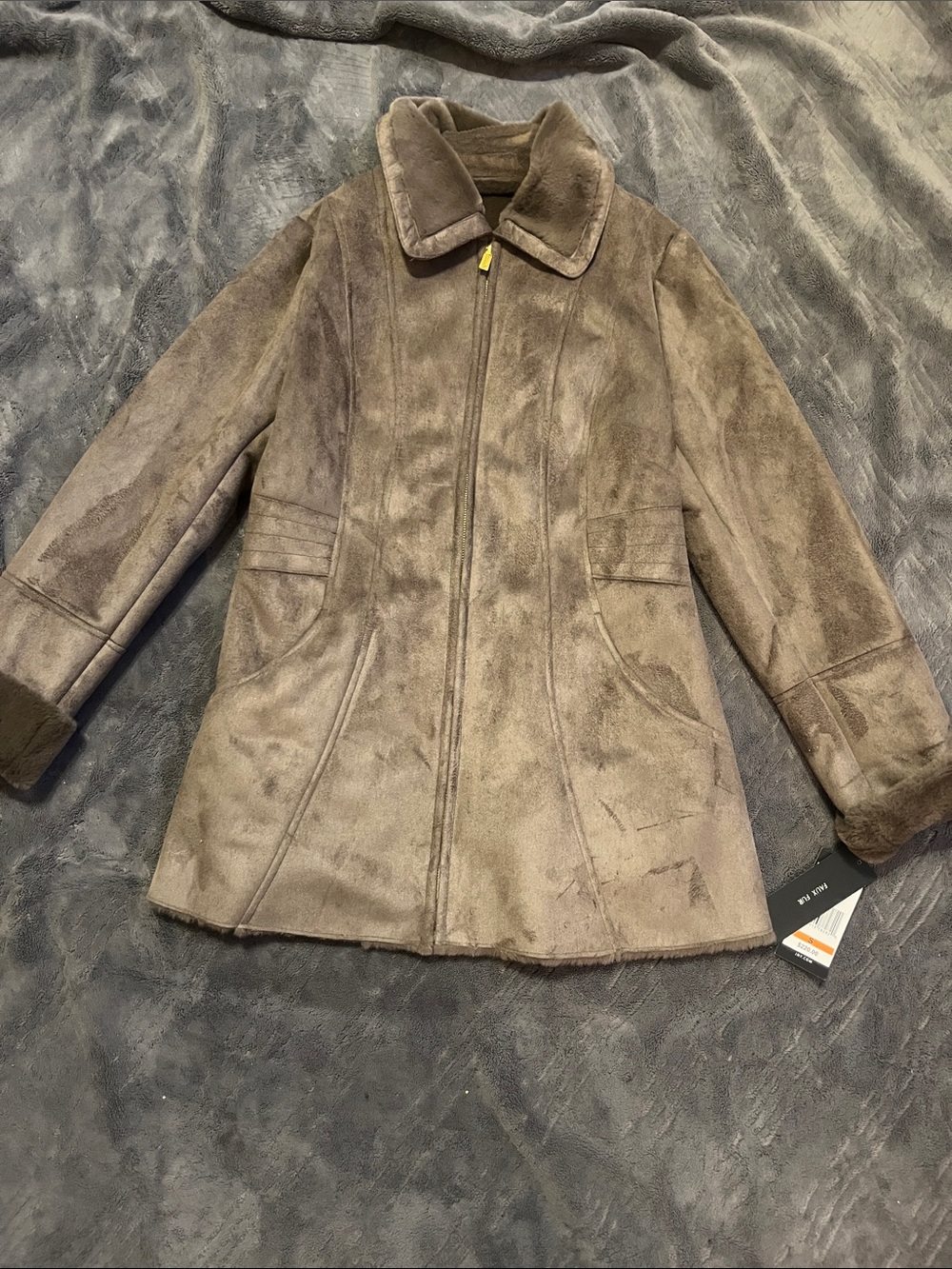 New Jones New York Taupe Suede Zip-Front Coat with  Faux Fur around neck& wrist